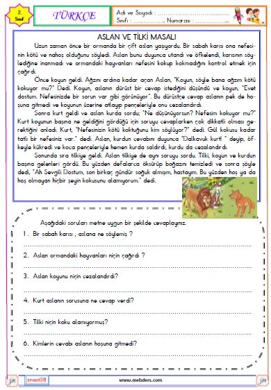 2. Sınıf Türkçe Okuma ve Anlama Metni Etkinliği ( Aslan ve Tilki )